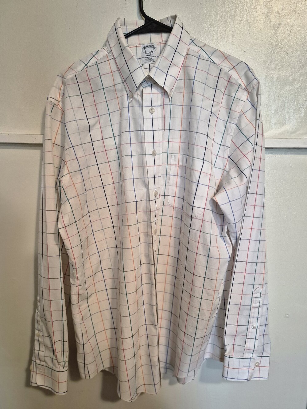 Men's Large Brook's Bothers SUPIMA Cotton White Plaid Button-Down Classic Fit